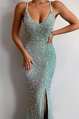 Elegant Mermaid Sequin Prom Dress with Spaghetti Straps and Thigh Split