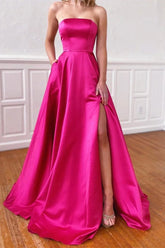 Vibrant Fuchsia Strapless A-Line Prom Dress with Pockets and Elegant Side Split