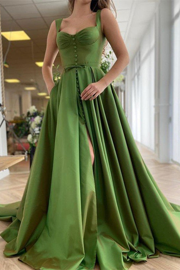 Elegant Sleeveless Prom Dress with Charming Buttons and High Slit Design