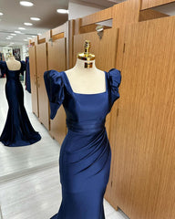 Royal Blue Mermaid Prom Dress with Bubble Sleeves and Thigh Slit