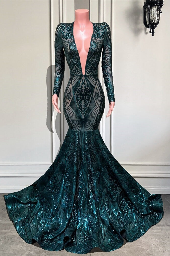 Emerald V-Neck Long Sleeves Sequin Lace Mermaid Prom Dress for Women