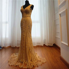 Gold Sequin Mermaid Prom Dress V Neck Long Sleeveless Evening Gown