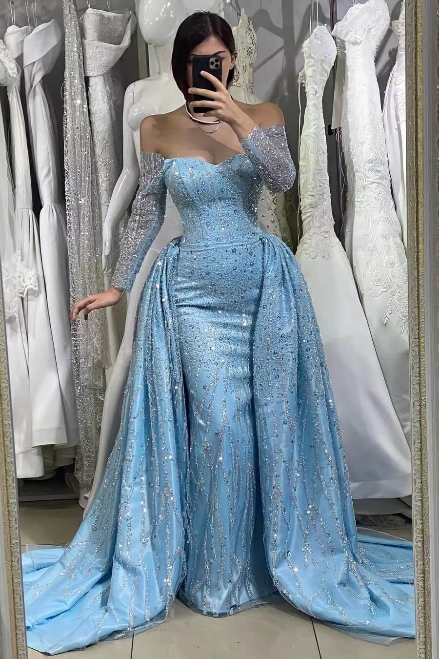 Elegant Blue Sequin Off-Shoulder Sweetheart Evening Gown with Long Ruffles