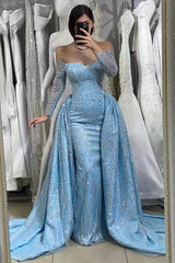 Elegant Blue Sequin Off-Shoulder Sweetheart Evening Gown with Long Ruffles