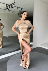 Luxurious Strapless Feather Mermaid Prom Dress with Daring Thigh Slit