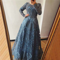 Elegant Ink Blue Long Sleeve Prom Dress Sequin Applique A Line Gown