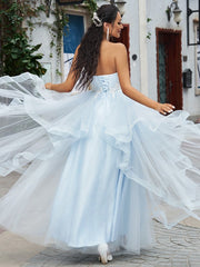 Elegant Baby Blue Tulle Prom Dress with Applique, Strapless Formal Gown