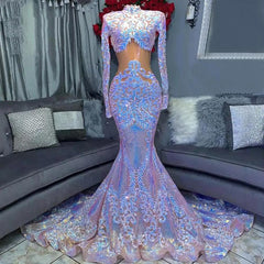 Elegant High Neck Long Sleeve Sequined Lace Mermaid Prom Dress