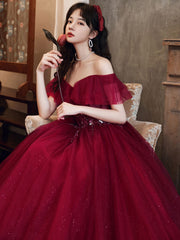 Stunning Elegant Burgundy Off-Shoulder Tulle Sequin Long Evening Prom Dress