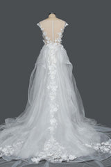 Cap Sleeve Jewel Neck Ball Gown Wedding Dress Floral Appliques