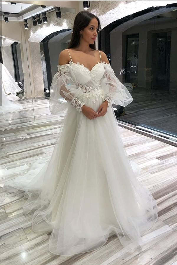 Elegant A-Line Off-Shoulder Long Sleeve Lace Appliques Tulle Wedding Dress