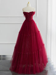 Elegant Off-Shoulder Tulle A-Line Prom Gown: Shiny Burgundy Long Formal Dress