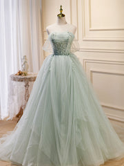 A-Line Off Shoulder Tulle Green Long Prom Dresses with Beading Details
