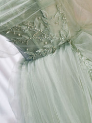 A-Line Off Shoulder Tulle Green Long Prom Dresses with Beading Details