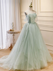 A-Line Off Shoulder Tulle Green Long Prom Dresses with Beading Details