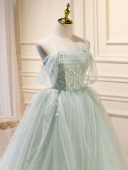A-Line Off Shoulder Tulle Green Long Prom Dresses with Beading Details