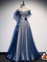 Blue Tulle Lace Long Prom Dress for Women Bridesmaids