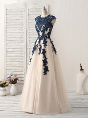 Elegant Dark Blue Lace Applique Tulle Long Prom Dress for Bridesmaids