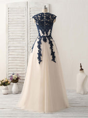 Elegant Dark Blue Lace Applique Tulle Long Prom Dress for Bridesmaids
