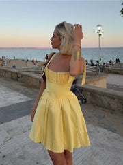 Yellow Satin A-Line Homecoming Dress with Bow Strap and Lace-Up