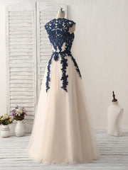 Elegant Dark Blue Lace Applique Tulle Long Prom Dress for Bridesmaids