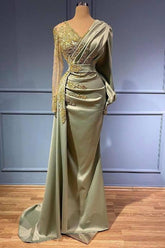 Elegant Satin V-Neck Beaded Applique Mermaid Evening Gown with Long Sleeves