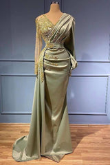 Elegant Satin V-Neck Beaded Applique Mermaid Evening Gown with Long Sleeves