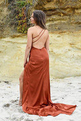 Elegant Burnt Orange Mermaid Prom Dress with Slit, One-Shoulder, Ruched & Backless Design