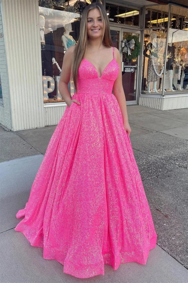 Hot Pink Prom Dress Spaghetti Strap with Elegant Ball Gown Hot Pink Prom Dress Spaghetti Strap with Elegant Ball Gown