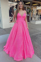 Rose Red Prom Dress Spaghetti Strap with Elegant Ball Gown
