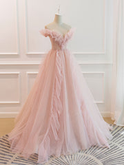 Pink Off Shoulder Tulle Prom Dress for Women's Evening Wear