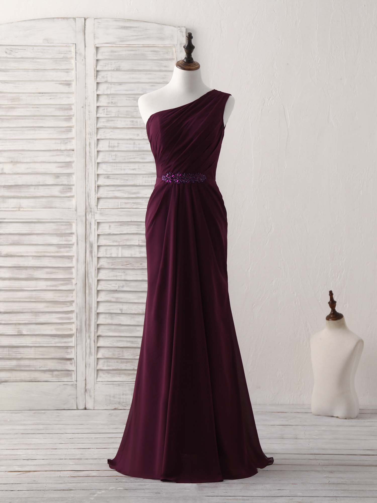 Elegant Burgundy One-Shoulder Chiffon Mermaid Long Prom Dress for Women