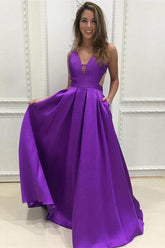 Elegant Sleeveless Purple A-Line Prom Dress with V-Neck and Pockets
