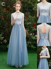 Elegant Blue Lace A-Line Floor-Length Prom Dress with Built-In Bra