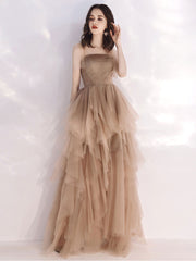 Elegant Champagne Tulle Long Evening Prom Dress with Flowing Silhouette