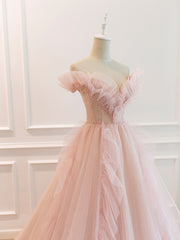 Pink Off Shoulder Tulle Prom Dress for Women's Evening Wear