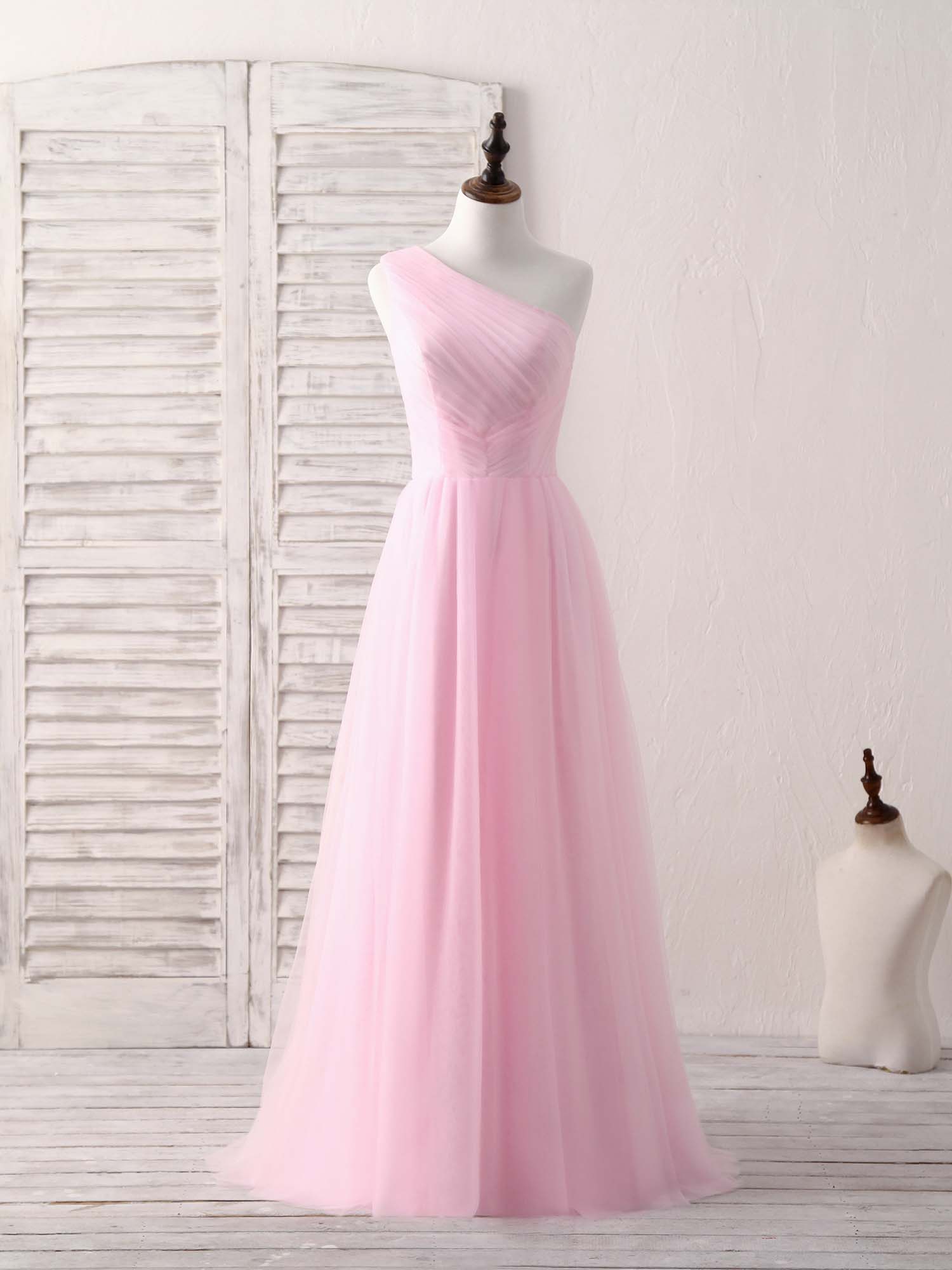 Elegant Pink Tulle One-Shoulder Long Prom Gown - Perfect Bridesmaid Dress