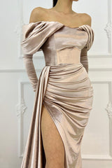 Elegant Off the Shoulder Long Sleeve Mermaid Prom Dress with Slit