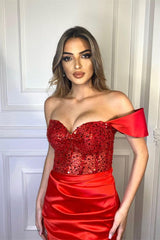 Glamorous Red Jewel Mermaid Prom Dress with Pleats Off-Shoulder Evening Gown