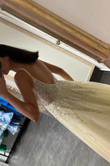 Daffodil Spaghetti Strap Beaded Tulle A-Line Prom Dress Evening Gown
