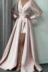 Elegant Long Puff Sleeve A-Line Evening Dress with Thigh Slit