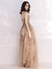 Elegant Champagne Tulle Long Evening Prom Dress with Flowing Silhouette