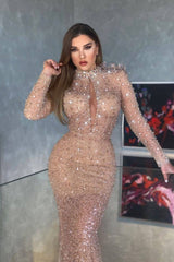 Elegant Long Sleeves Sequin Mermaid Prom Dress with High Neck for Women