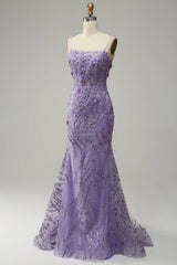 Glamorous Purple Applique Spaghetti Strap Mermaid Prom Dress for Elegant Evenings