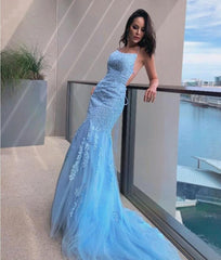 Sky Blue Halter Mermaid Prom Dress - Elegant Full-Length Formal Gown for Women