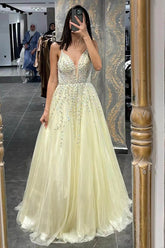 Daffodil Spaghetti Strap Beaded Tulle A-Line Prom Dress Evening Gown