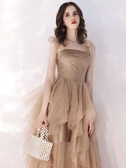 Elegant Champagne Tulle Long Evening Prom Dress with Flowing Silhouette