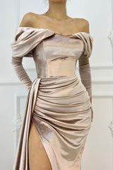 Elegant Off the Shoulder Long Sleeve Mermaid Prom Dress with Slit