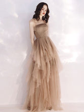 Elegant Champagne Tulle Long Evening Prom Dress with Flowing Silhouette