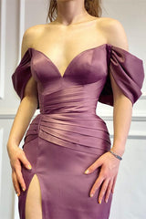 Vintage Purple Off-Shoulder V-Neck Mermaid Prom Dress with Slit